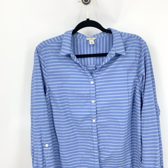 LL Bean Women Size XL Shirt Button Down Tunic Top Blue Striped Nylon Stretch - Picture 2 of 8
